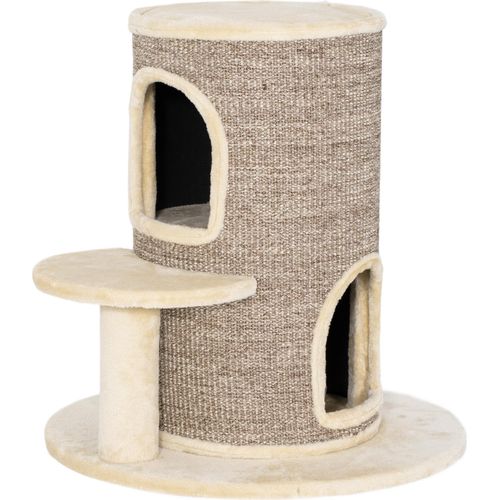 Katzenfass, Kratzbaum mit 2 Ebenen, Sprungplattform, Aussichtspunkt, Kratzmatte, zum Ausruhen und Spielen, Beige