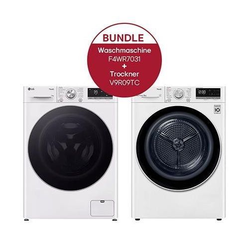 LG Waschmaschine (13 kg, 1.400 U./Min., EEK A) mit silber Bullaugenring + Trockner Weiß (A+++, 9 kg) mit Dual Inverter Wärmepumpentechnologie F4WR7031.V9R09TC