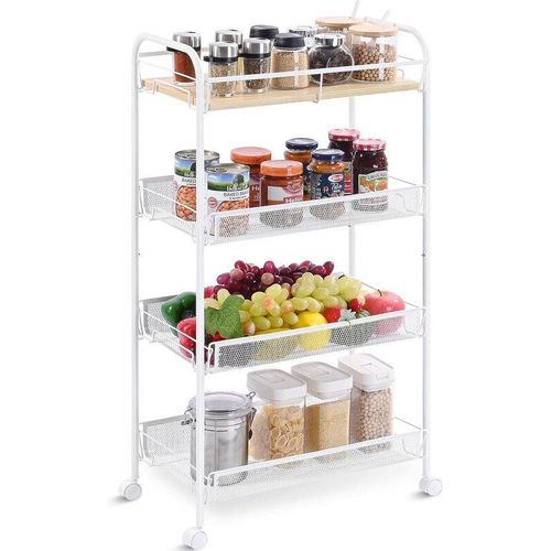 Keukenwagen, 4 Ebenen, Multifunktionswagen aus Holz und Metall, Sparsamer Platz.