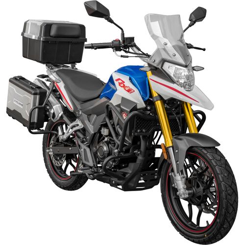Motorrad CYCLONE "RX1 Pro, 125, E5+, Adventure", blau, weiß, schwarz, Motorroller, mit Topcase, 99 km/h, 11 kW, 15 PS, ABS, 125er Adventure, digitales Cockpit, B:82,2cm H:128cm L:209,8cm