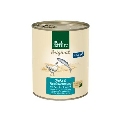 REAL NATURE nourriture humide chien adulte Poulet et hareng de la mer du Nord 24x800 g