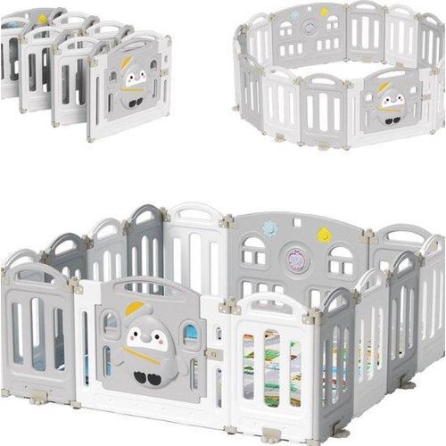 Kinderkrippe - Inklappbarer Spielplatz - 150x150x63cm - 14 Paneelen - Mit Spielmatte und Geschichtenmaschine - Antislip - Krippe - Spielplatz für Kinder von 0-6 Jahren - Grau - Für Innen und Außen