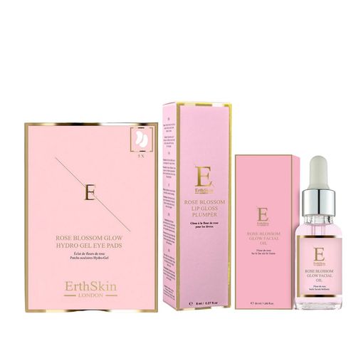 ROSE BLOSSOM GLOW GESICHTSOEL 30ML + ROSE BLOSSOM GLOW HYDRO-GEL AUGENPADS 5 X 2 + Rose Blossom Lip Gloss Plumper 8ml