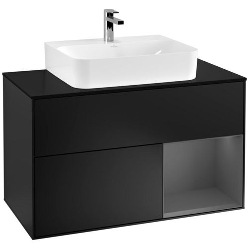 Villeroy und Boch Finion Waschtischunterschrank F122GKPD 100cm, Abdeckplatte black matt, Regal rechts Anthracite matt, Black matt lacquer