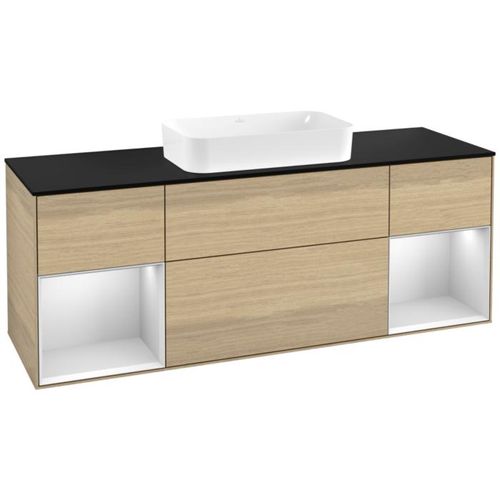 Villeroy und Boch Finion Waschtischunterschrank G332MTPC 160cm, Abdeckplatte black matt, Emotion, Regale White matt lacquer, Oak Veneer
