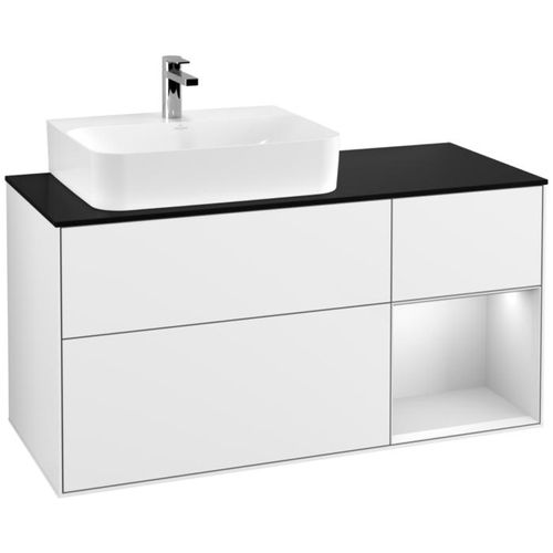 Villeroy und Boch Finion Waschtischunterschrank F152MTGF 120cm, Abdeckplatte black matt, Regal rechts White matt lacquer, Glossy white lacquer