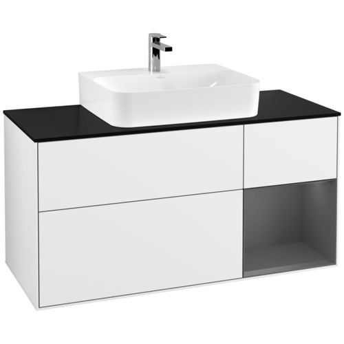 Villeroy und Boch Finion Waschtischunterschrank G172GKGF 120cm, Abdeckplatte black matt, Emotion, Regal rechts Anthracite matt, Glossy white lacquer