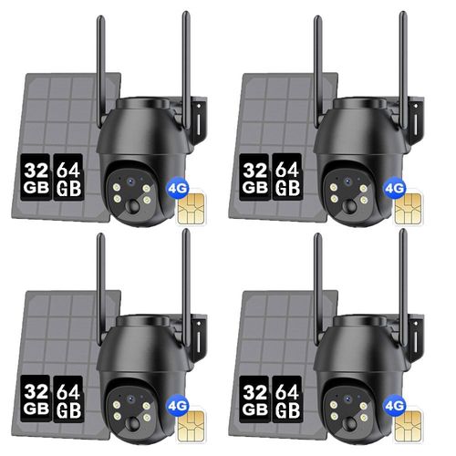 Überwachungskamera 4G LTE Überwachungskamera Aussen mit SIM Karte, Kamera Überwachung aussen mit App, 32&64GB Speicherkarte, Solarpanel, 2K 4PCS
