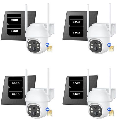 2K+ 3MP 4G LTE Batterie Überwachungskamera , Schwenken & Neigen, Kein-WiFi, SIM-Kartenslot, 32&64GB SD Karte, 4 Pack