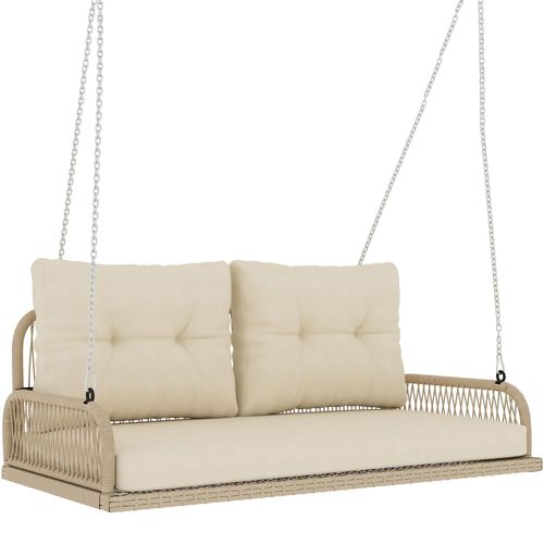 Hollywoodschaukel 2-Sitzer Rattan Gartenschaukel mit Kissen Ketten bis 240 kg 115 x 66 x 44 cm Beige