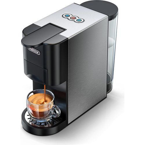HiBREW 5-in-1 Elektrische Kaffeemaschine, 19 Bar, Mini-Kaltbrüh- und Heizkaffeemaschine mit abnehmbarem 800 ml/27 oz Wassertank, Espressokaffeemaschine, funktioniert mit NES/DG/ESE-Kapseln, K-Cup-Pads und gemahlenem Kaffee