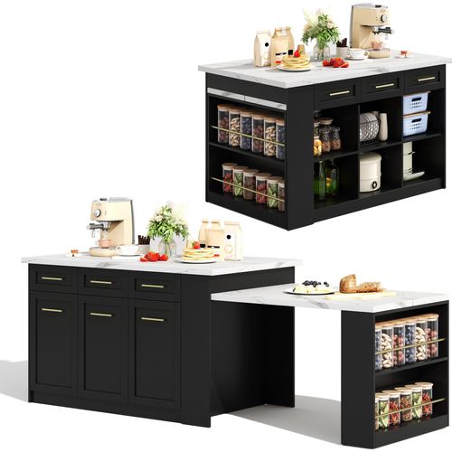 Multifunktionale schwarze Kücheninsel 150+96 cm mit weißer Marmorarbeitsplatte, ausziehbarem Tisch und integrierten Schränken für Familienküchen