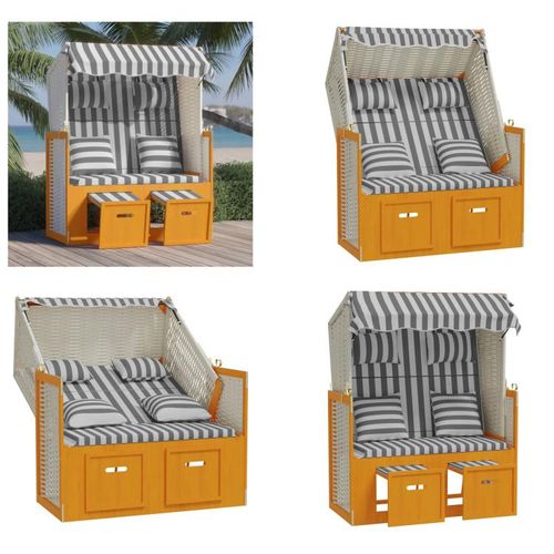vidaXL Strandkorb mit Kissen Poly Rattan & Massivholz Weiß & Grau - Strandkorb - Strandkörbe - Sonnenliege - Strandliege