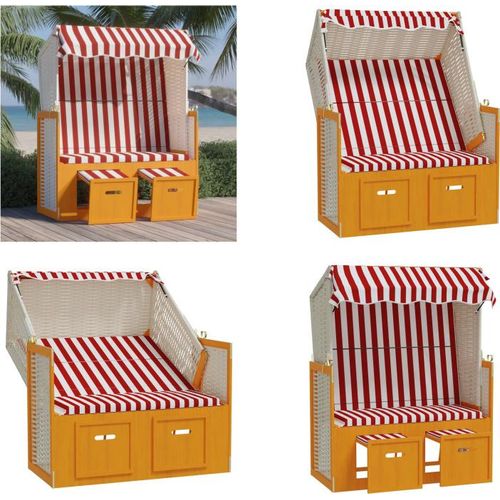 vidaXL Strandkorb mit Dach Poly Rattan und Massivholz Rot & Weiß - Strandkorb - Strandkörbe - Sonnenliege - Strandliege