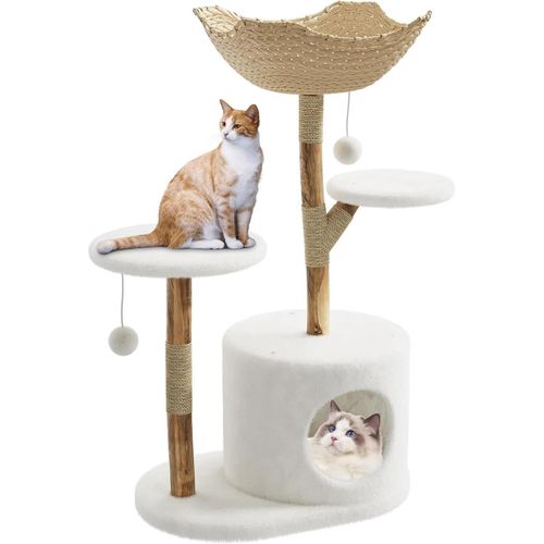 Kratzbaum für Katzen - Kletterturm - 3 Ebenen - Große Korbliege - Hängender Ball - Holz - Ca. 110 cm - Style A