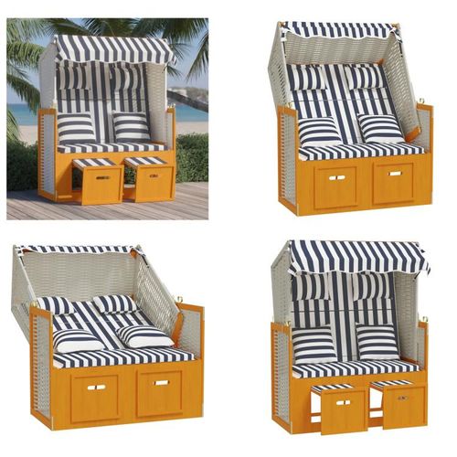 vidaXL Strandkorb mit Kissen Poly Rattan & Massivholz Weiß & Blau - Strandkorb - Strandkörbe - Sonnenliege - Strandliege