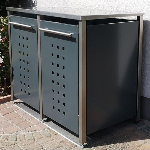 reinkeDESIGN | Mülltonnen-Haus 2x120L | Typ_M | Pultdach, Edelstahlpfosten, Farbe Anthrazit | für Mietshäuser, hergestellt in Bayern