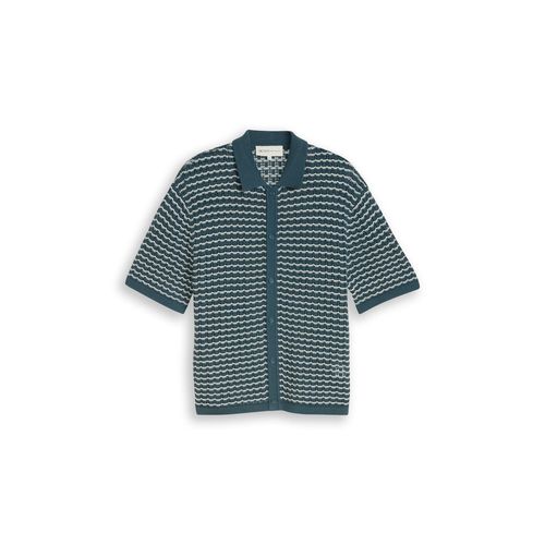 TOM TAILOR DENIM Herren Strick-Poloshirt mit Lochmuster, grün, Gemustert, Gr. XXL