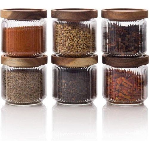 Gläserne Keksdosen mit stapelbarem und luftdichtem Holzdeckel - Vorratsdosen für Kekse, Tee oder Zucker für Küche, Vorratskasten, Bar oder Bad (350 ml)