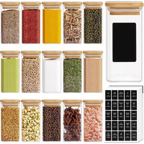 Bambuspottensatz, 16 Stück, 10 oz, luftdicht, quadratisch, schwarz, leerer Kräuterpott für Gewürze und Zucker.