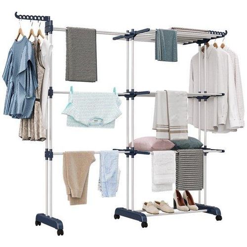 Droogrek 3-laags, 75-200 cm, blauw-wit, uitschuifbaar, 180 cm, wielen, thuis, balkon, tuin