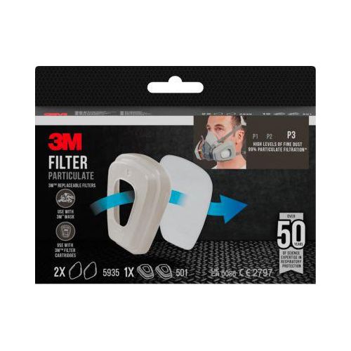 3M Partikelfilter 5935, Schutzklasse P3, für 3M Gas- und Dampf-Filterpatronen mit Filterhalterung 501, Packung mit 2 Paar + 1 x Filterhalterung 501
