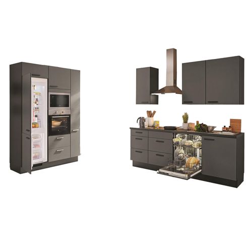 nobilia Küchenblock TOUCH - Lacklaminat schiefergrau - schwarz matt - Kühlschrank links - 230+150 cm