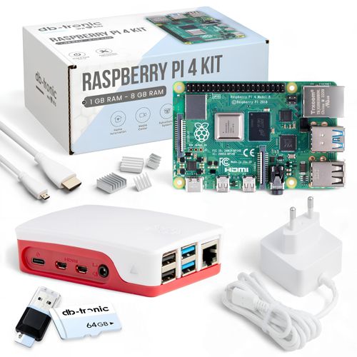 Raspberry Pi 4 4GB Starter-Kit | 64GB Edition | Offizielles Netzteil 15W | Offizielles Gehäuse | 4k Micro HDMI Kabel | Kühlkörper Set | USB-Kart