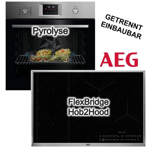 Herdset AEG Backofen Pyrolyse SurroundCook + Induktionsfeld 77cm FlexBridge PowerBoost Hob2Hood