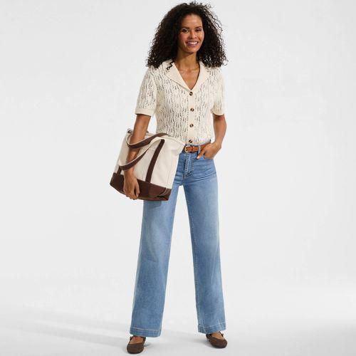 Soft Ease Ajour-Cardigan mit Leinen, Damen,  Weiß, Baumwolle/Leinen/Nylon, by Lands' End