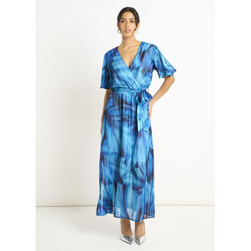 Blaues Wickel-Midikleid mit Färbungsmuster