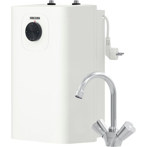 Untertischspeicher STIEBEL ELTRON "SNU 5 Plus", weiß, B:24cm H:42,3cm T:21,2cm, Speichererhitzer, 5 l, Niederdruck, mit Stecker, inkl. Küchenarmatur WST-W