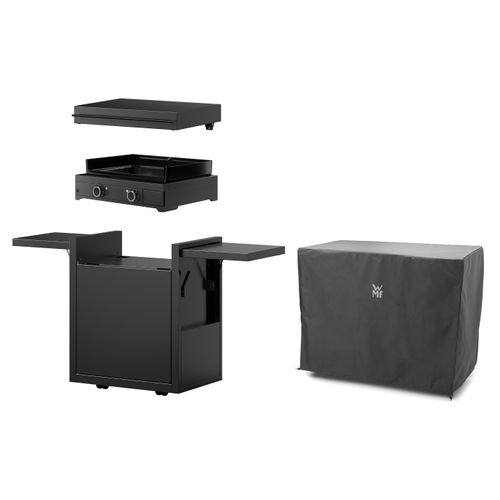 WMF Plancha Set 60E mit Plancha Grill elektrisch / Planchadeckel / Planchawagen / Abdeckhaube, 3200 W, 75 x 99.5 x 63 cm, Stahl / Gusseisen / Aluminium / Edelstahl, schwarz