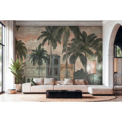 Vliestapete A.S. CRÉATION "Cuba II Vintage Havana Palms Fototapete", gelb, B:3,71m L:2,8m, Vinyl, Vlies, Tapeten, Tropisches Stadtmotiv mit Palmen und architektonischem Flair