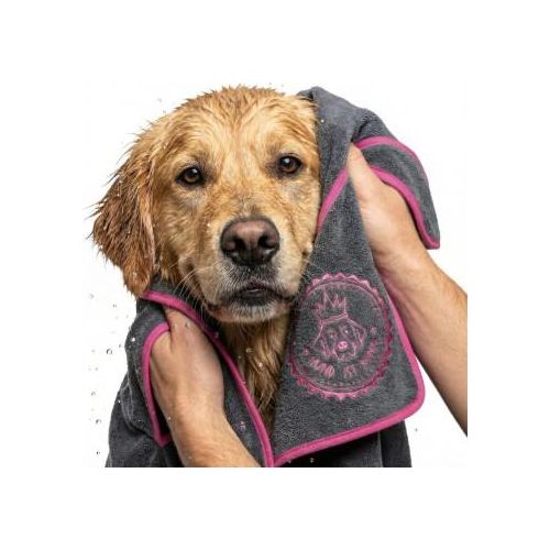 HUND IST KÖNIG ® Hundehandtuch extra saugfähig | Hunde Handtuch aus Mikrofaser mit 4 Eingriffen grau/ rosa