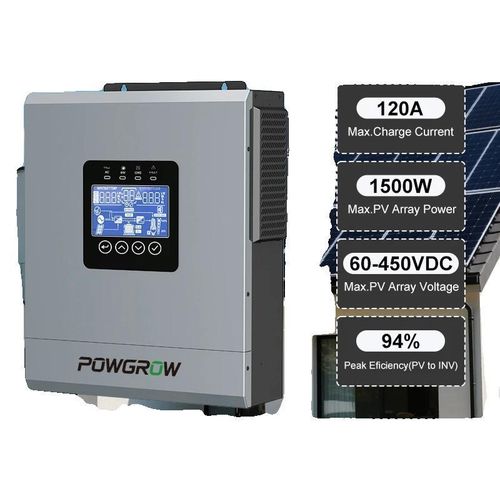 Hybrid-Solarwechselrichter, 6500W, 48V, Maximale PV-Eingangsstromstärke 120A, MPPT-Spannungsbereich 60-450V DC, Überspannungsleistung 12KVA