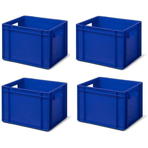 Industrielle Lagerboxen-Set aus 4 stapelbaren, industriellen Größe und Lebensmittel-sicherer Material.