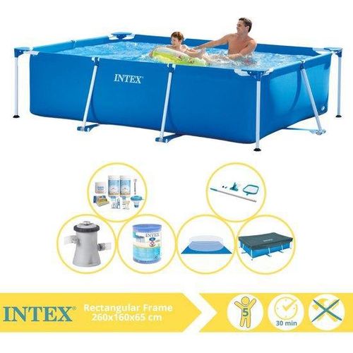 Intex Rectanguläres Rahmen Schwimmbad - Aufbauschwimmbad - 260x160x65 cm - Inklusive Abdeckplane, Wartungspaket, Schwimmbadpumpe, Filter, Bodenplane und Wartungssatz