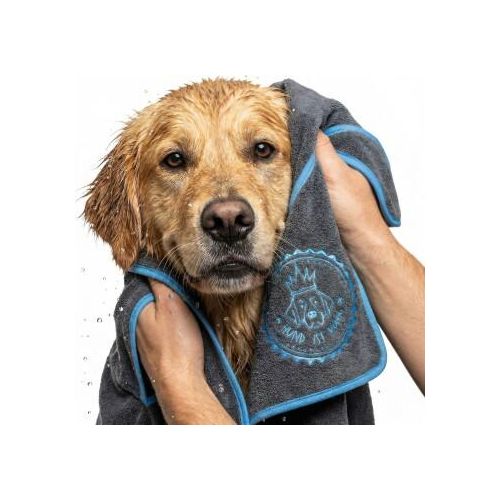 HUND IST KÖNIG ® Hundehandtuch extra saugfähig | Hunde Handtuch aus Mikrofaser mit 4 Eingriffen blau/ grau