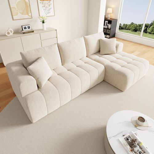 MODFU Ecksofa Modulsofa 3 Bis 4 Sitzer Bodennahes Design Ohne Rahmen Chenille Bezug Flexibel Kombinierbar Beige