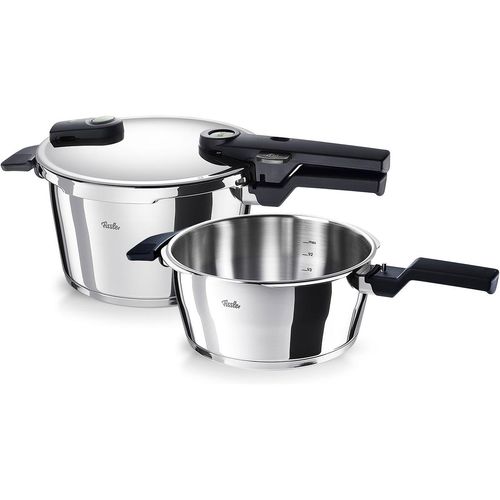 Schnellkochtopf FISSLER "VitaquickElemental Dampfkochtopf Premium Drucktopf", silber, B:30cm H:22,5cm L:40cm Ø:22cm, Töpfe, Schnellkochtopf, Schnellkochtopf-Set mit 2 Garstufen und Superthermic Boden