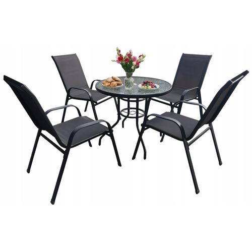 Ekspand | Gartenmöbel Set - Schwarz - Glastisch Ø80 cm - 4 Stühle - UV-beständig