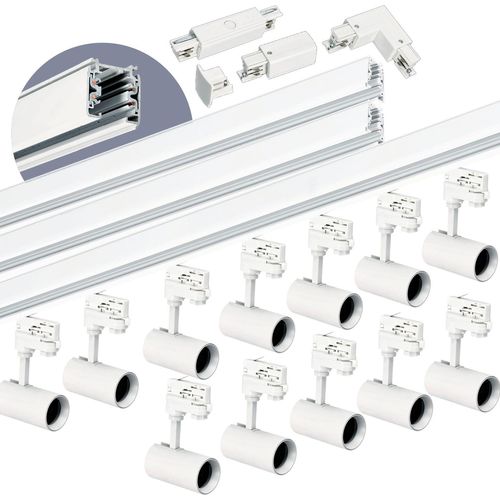 3-Phasen-Schienenset NEXTRACK - Schienensystem Komplett-Set mit 12x GU10 Lampe und 2x1m+2m Schiene, Verbinder I+L Weiß