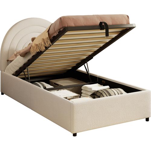 Kinderbett mit Stauraum und Kopfteil, 90x200 cm, Polsterbett mit Lattenrost, Einzelbett, Forttee