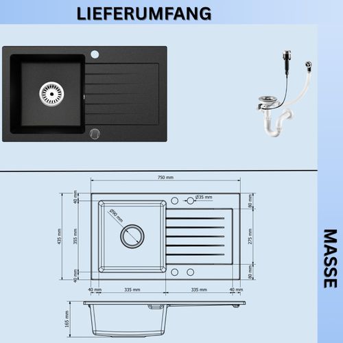 Faizee Home Granit Spüle Schwarz Gesprenkel