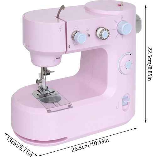 Mini Nähmaschine FHSM-398 - Elektrische tragbare Nähmaschine - Doppelnaht - 5 Sticharten - LED-Licht - Fußpedal mit EU-Stecker - Pink