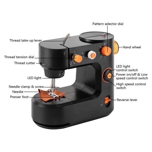 Mini Nähmaschine FHSM-398 - Elektrisch tragbar - 5 Sticharten Doppelgarn - LED-Licht Fußpedal - EU-Stecker - Schwarz