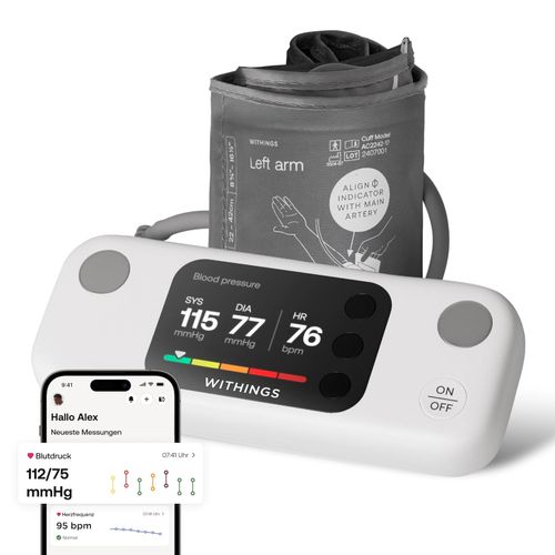 Withings BPM Vision Oberarm-Blutdruckmessgerät (Smartes Blutdruckmessgerät, bis zu 8 Personen können ihre Messwerte mit der (Withings-) App erfassen, 2,8 Zoll LCD-Farbbildschirm, TripleTrust™-Messung, FlexiFit™ Manschette, einfache Blutdruckmessungen und E