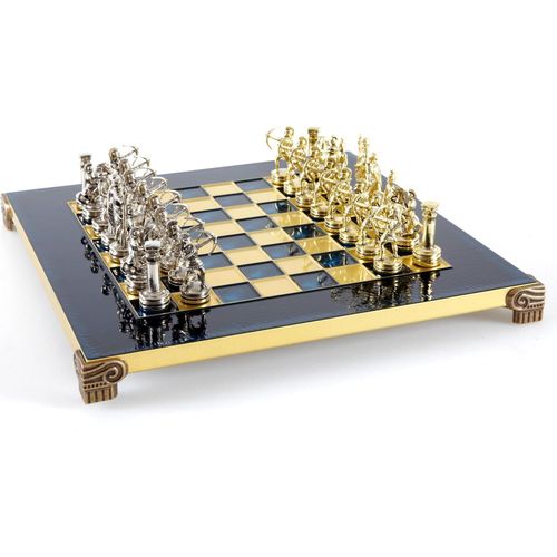 Bogenschützen Schachset Metall Gold/Silber + Blaues Brett 28x28