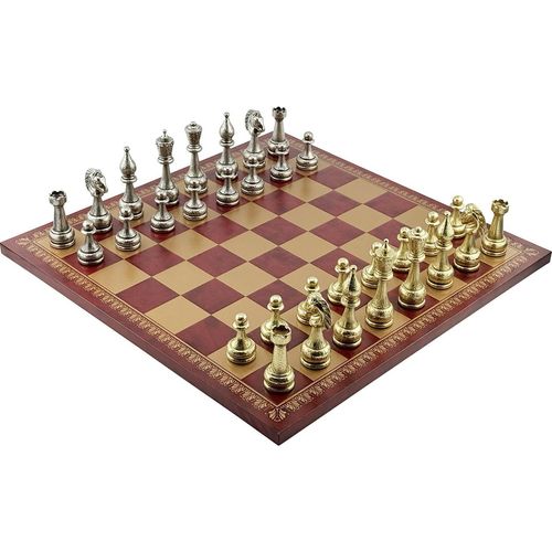 s Italfama-Schachspiel – Figuren Aus Metall Mit Arabeskenmuster + Brett Aus Gold- Und Burgunderfarbenem